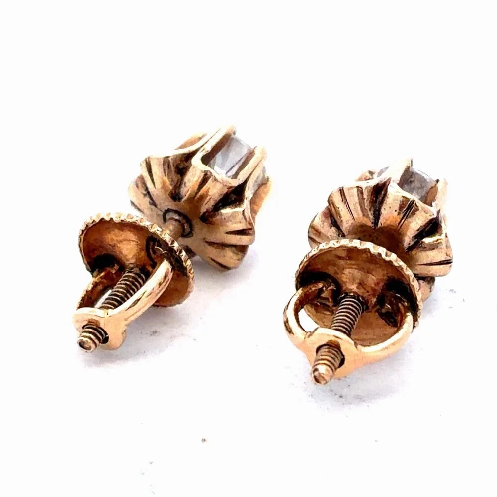 Vintage Estate 14K Yellow Gold Round Diamond Buttercup Screw Back Stud Earrings